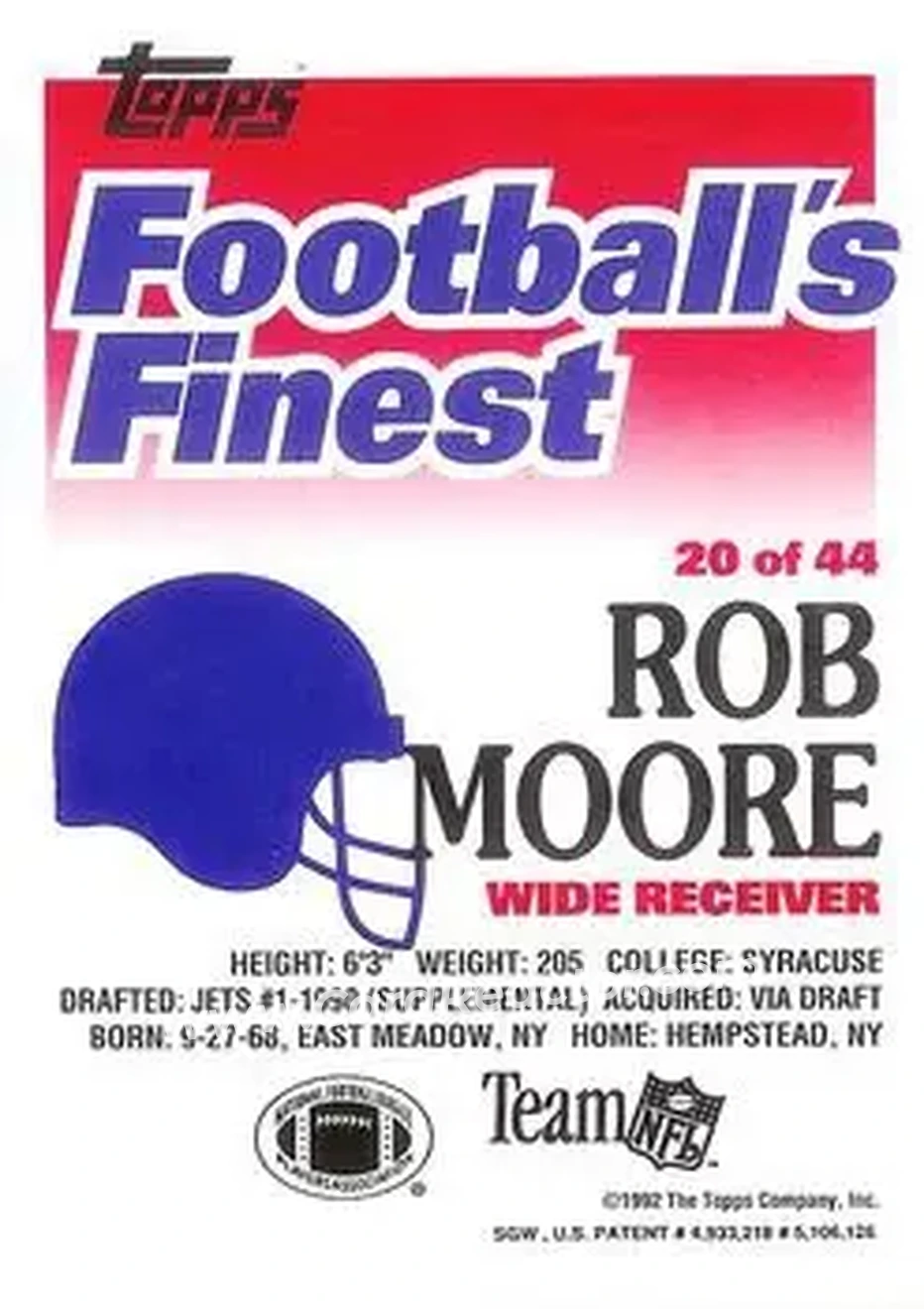1992 Finest #20 - Rob Moore - New York Jets - Back