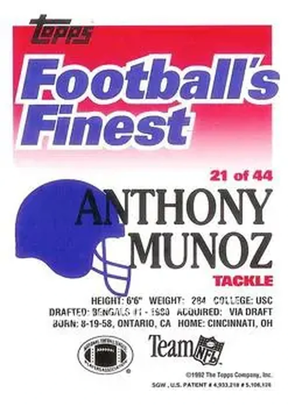 1992 Finest #21 - Anthony Munoz - Cincinnati Bengals - Back