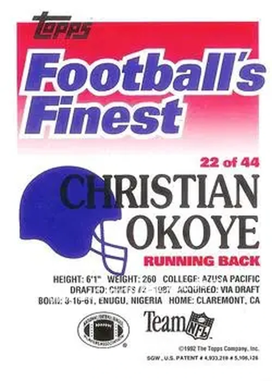 1992 Finest #22 - Christian Okoye - Kansas City Chiefs - Back 1992 Finest #22 - Christian Okoye - Kansas City Chiefs - Back