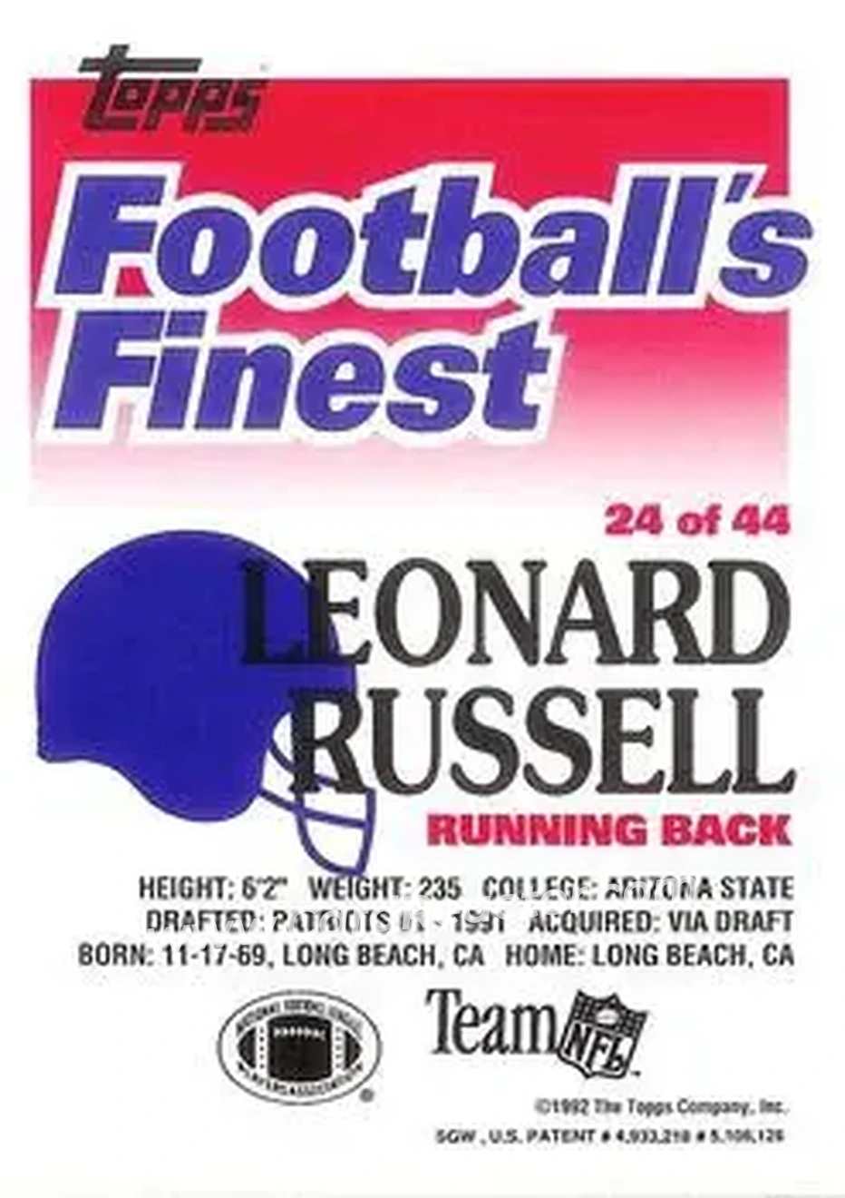 1992 Finest #24 - Leonard Russell - New England Patriots - Back