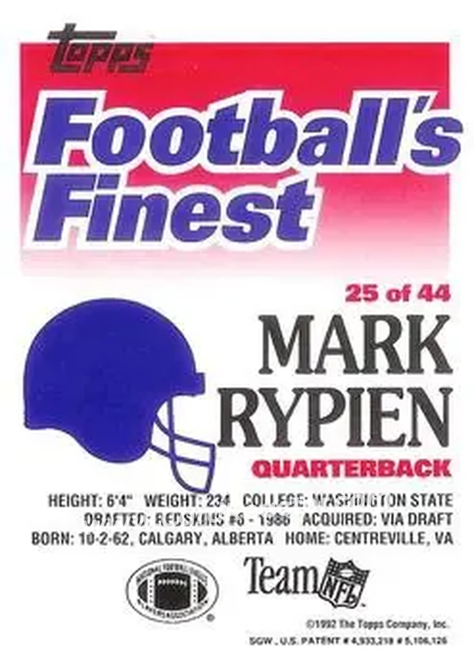 1992 Finest #25 - Mark Rypien - Washington Redskins - Back