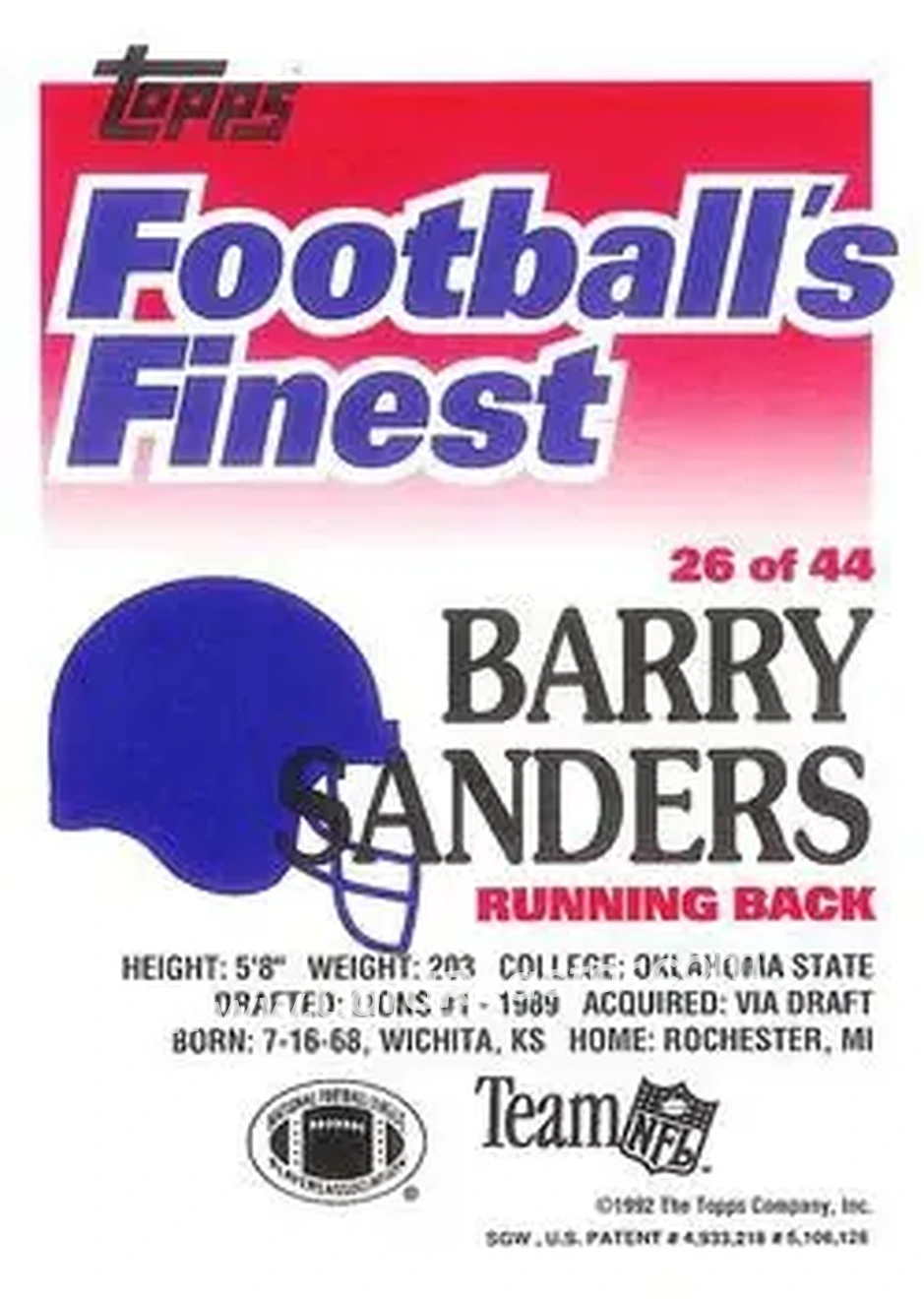 1992 Finest #26 - Barry Sanders - Detroit Lions - Back