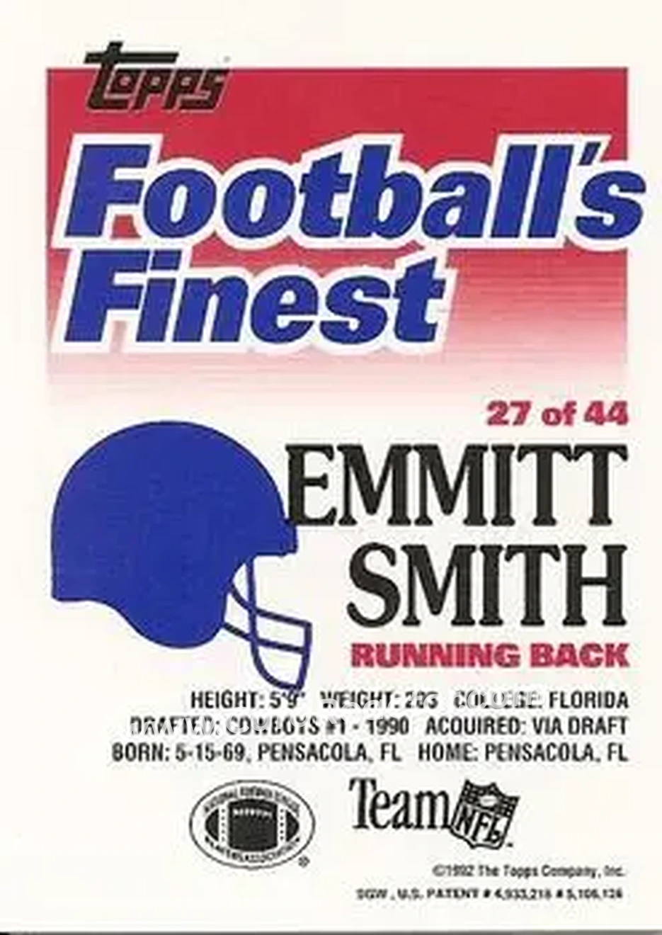 1992 Finest #27 - Emmitt Smith - Dallas Cowboys - Back