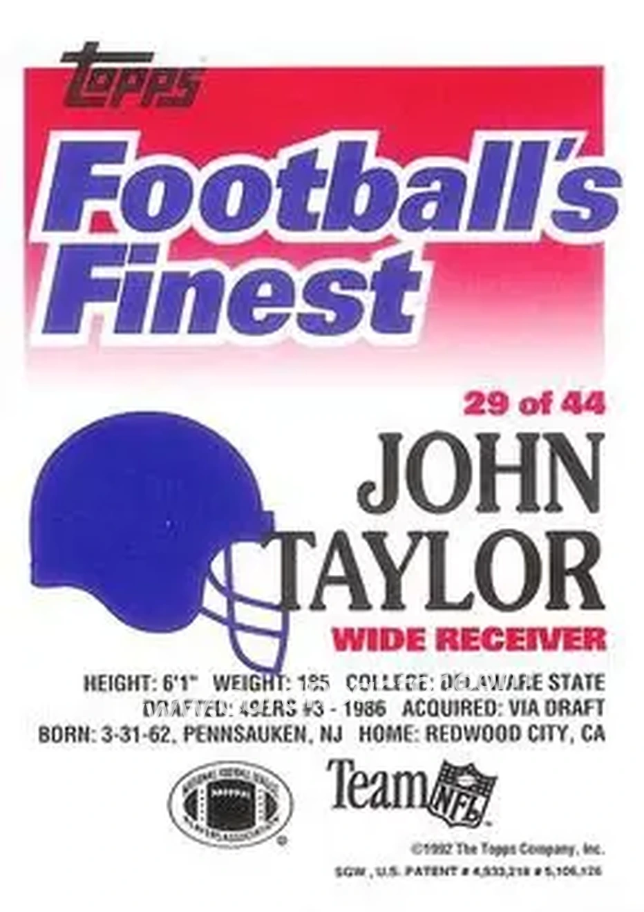 1992 Finest #29 - John Taylor - San Francisco 49ers - Back