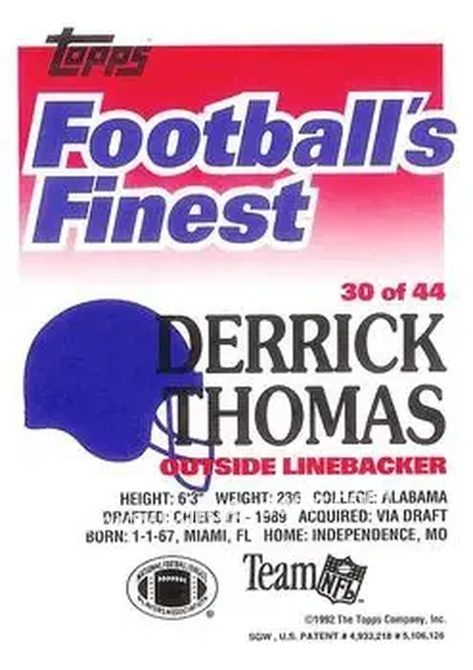 1992 Finest #30 - Derrick Thomas - Kansas City Chiefs - Back 1992 Finest #30 - Derrick Thomas - Kansas City Chiefs - Back
