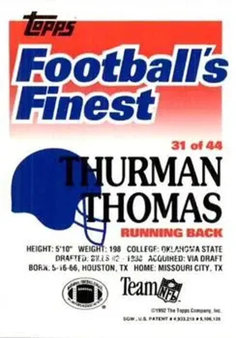 1992 Finest #31 - Thurman Thomas - Buffalo Bills - Back