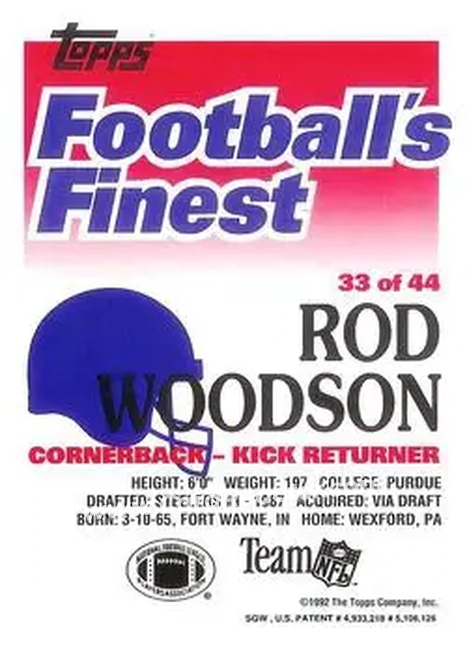 1992 Finest #33 - Rod Woodson - Pittsburgh Steelers - Back