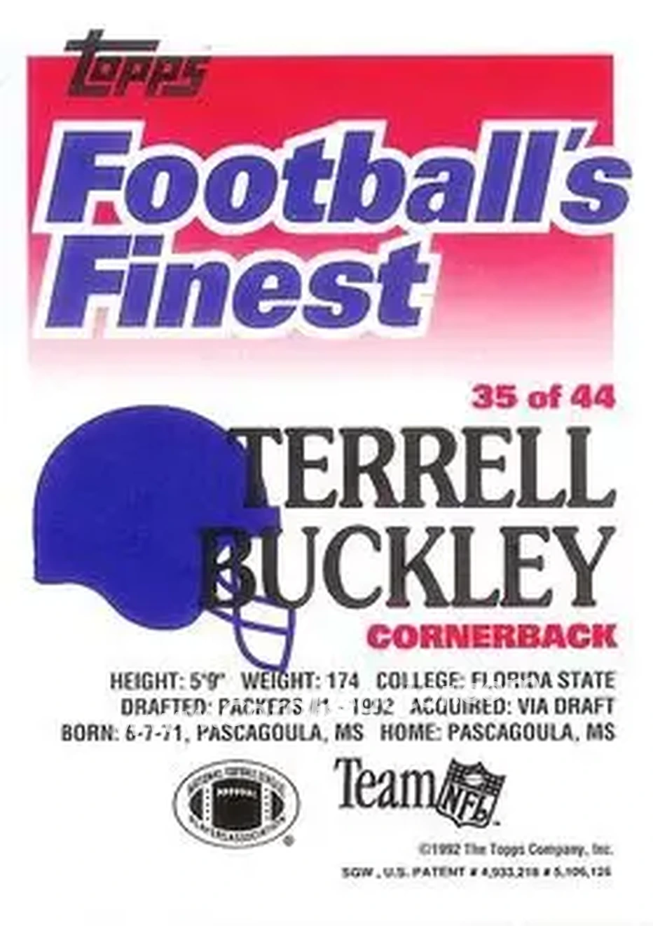 1992 Finest #35 - Terrell Buckley - Green Bay Packers - Back