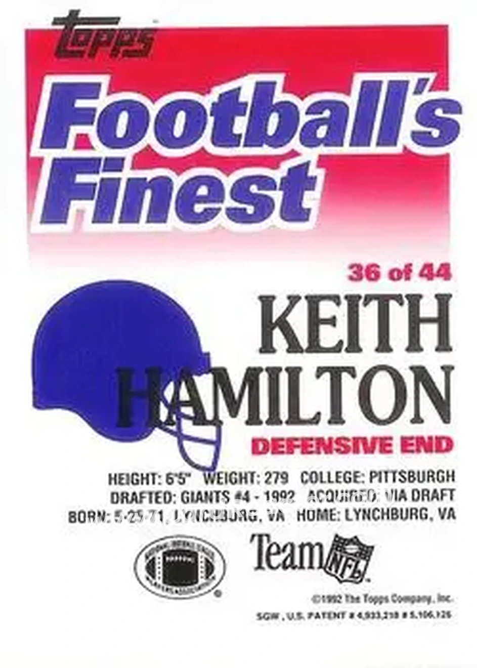 1992 Finest #36 - Keith Hamilton - New York Giants - Back