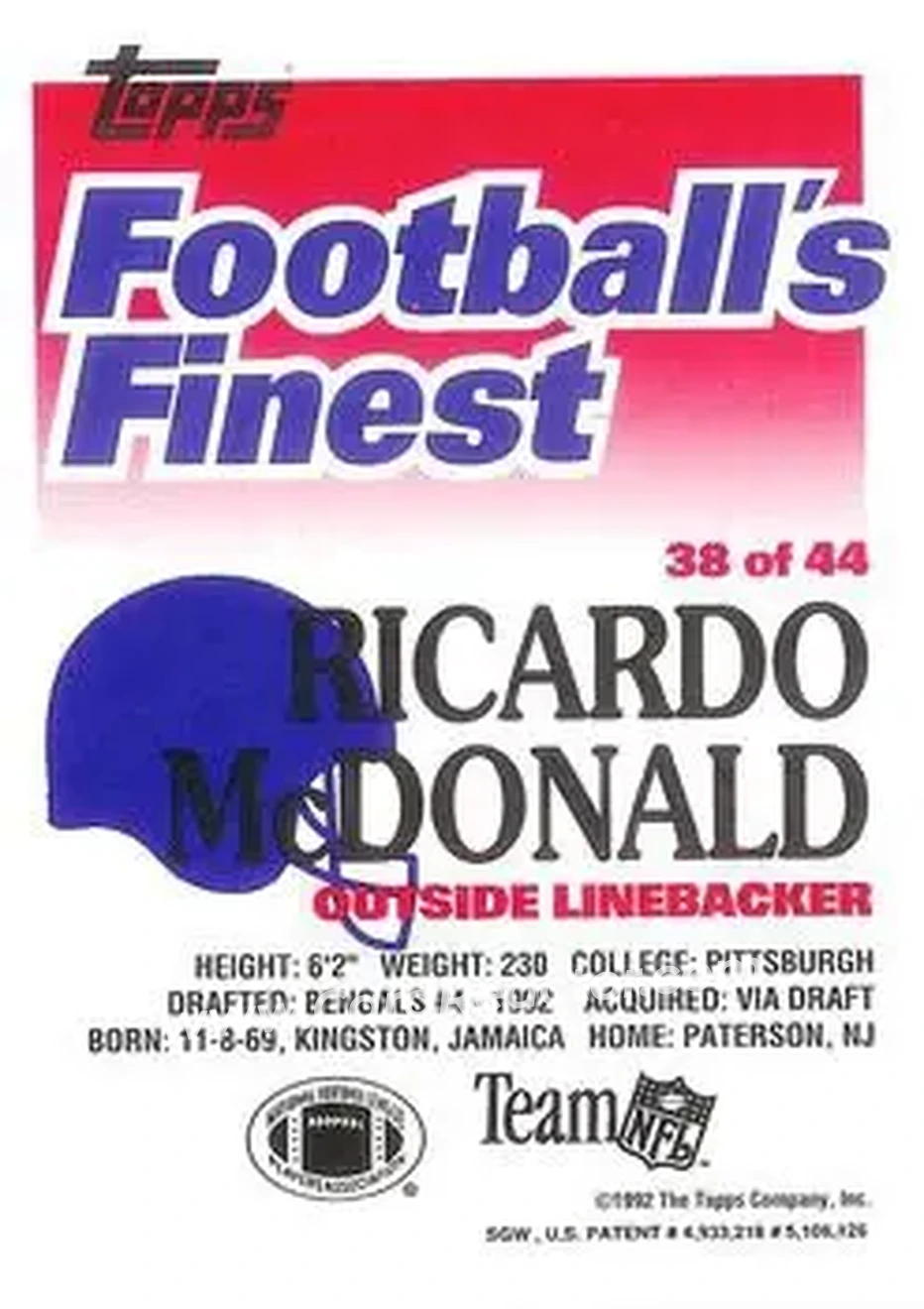 1992 Finest #38 - Ricardo McDonald - Cincinnati Bengals - Back