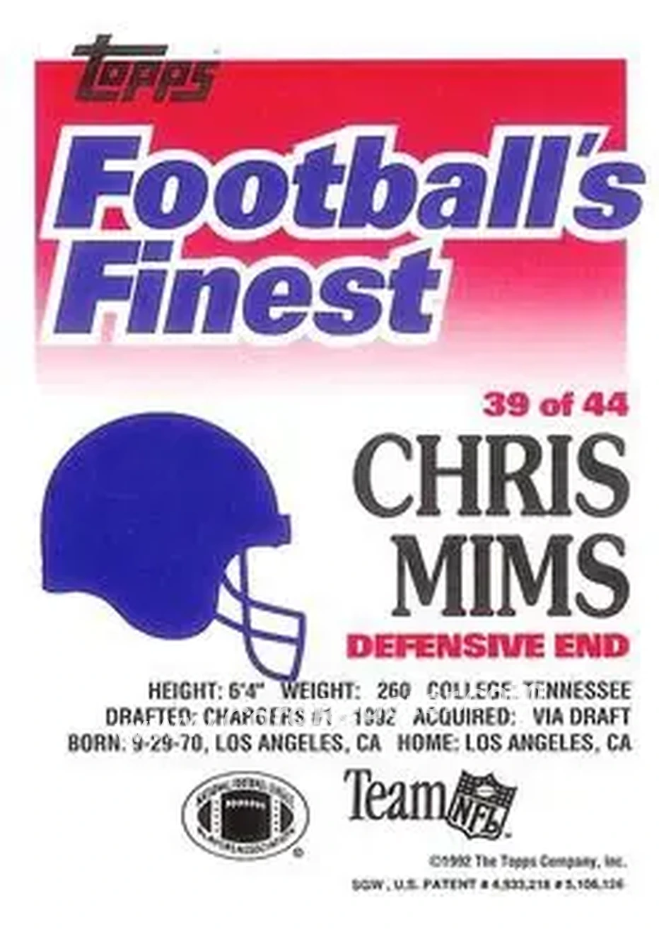 1992 Finest #39 - Chris Mims - San Diego Chargers - Back