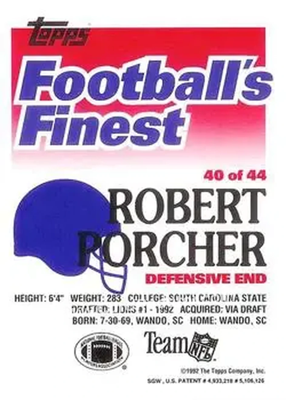 1992 Finest #40 - Robert Porcher - Detroit Lions - Back