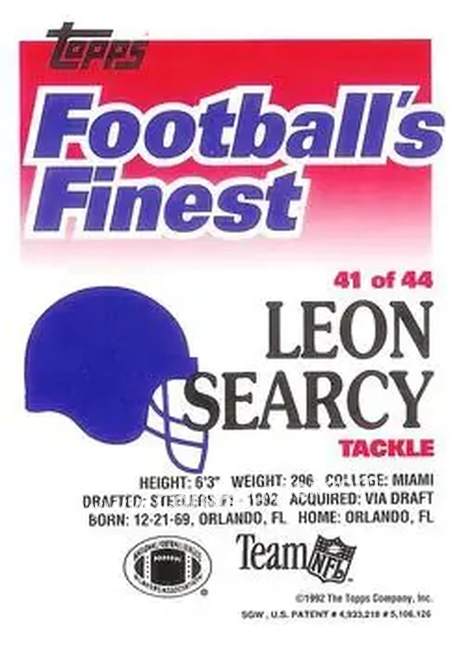 1992 Finest #41 - Leon Searcy - Pittsburgh Steelers - Back