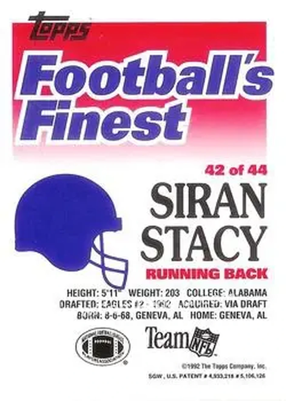 1992 Finest #42 - Siran Stacy - Philadelphia Eagles - Back