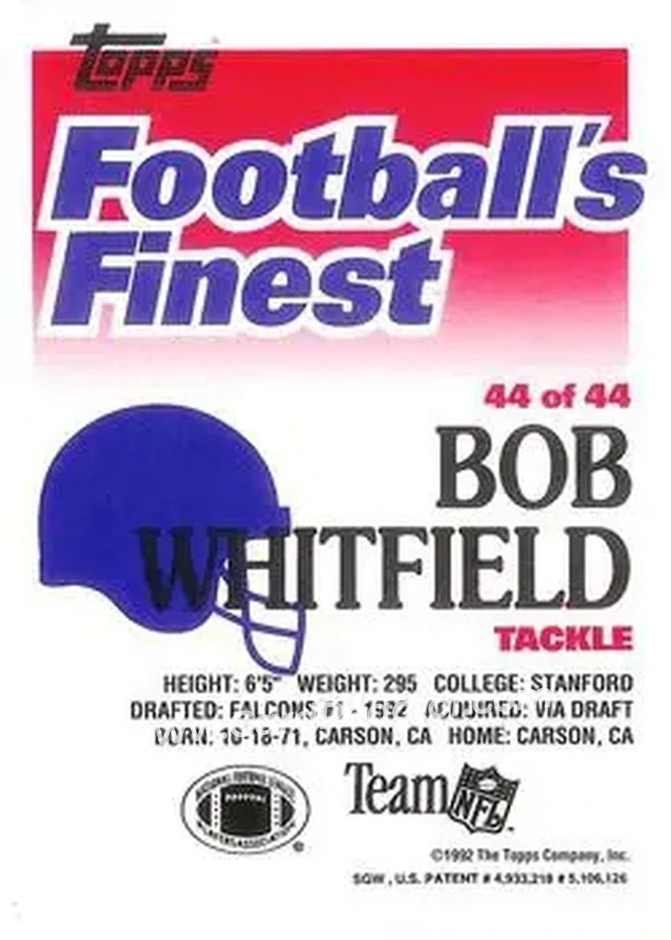 1992 Finest #44 - Bob Whitfield - Atlanta Falcons - Back