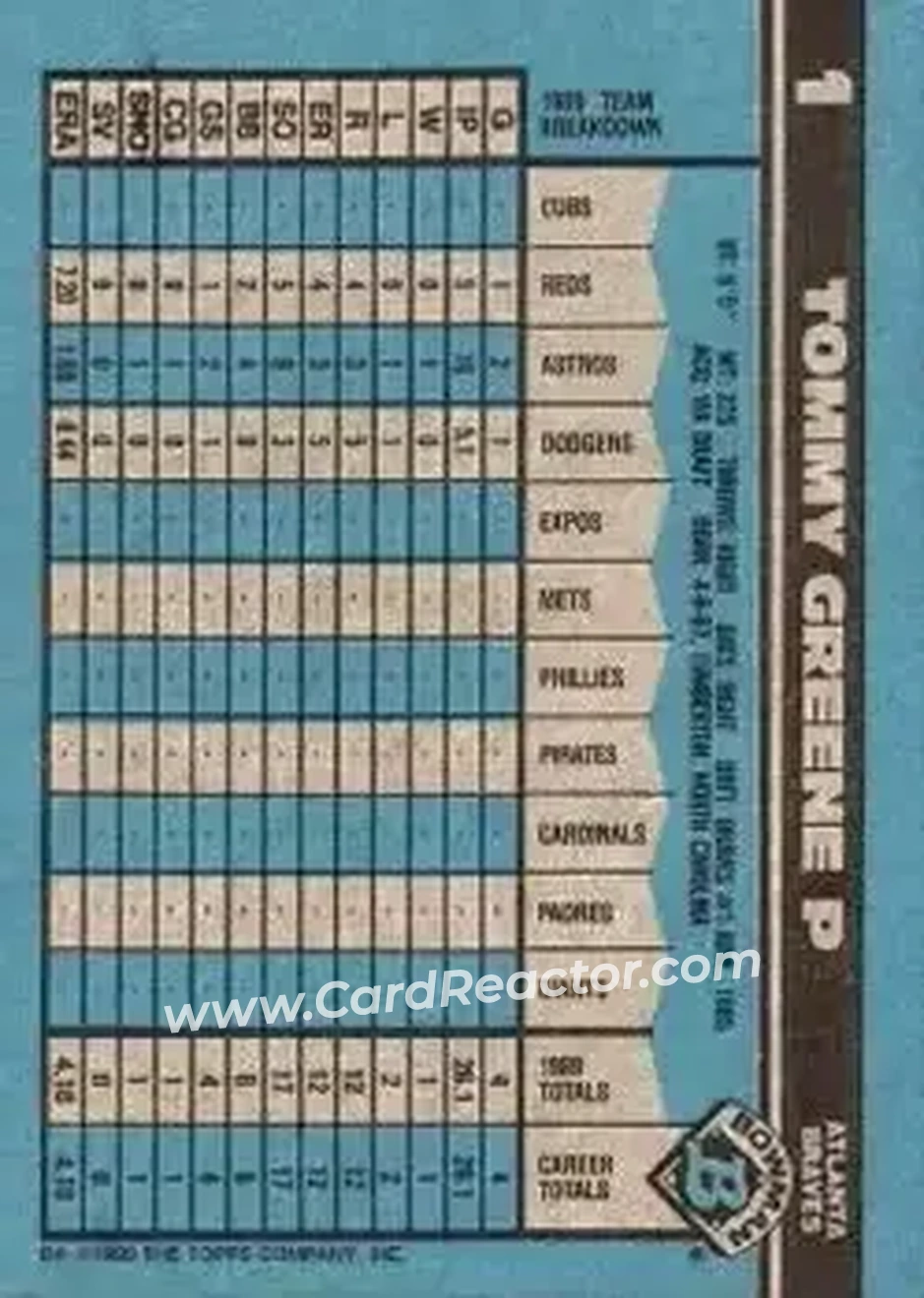 1990 Bowman #1 - Tommy Greene - Atlanta Braves - Back 1990 Bowman #1 - Tommy Greene - Atlanta Braves - Back