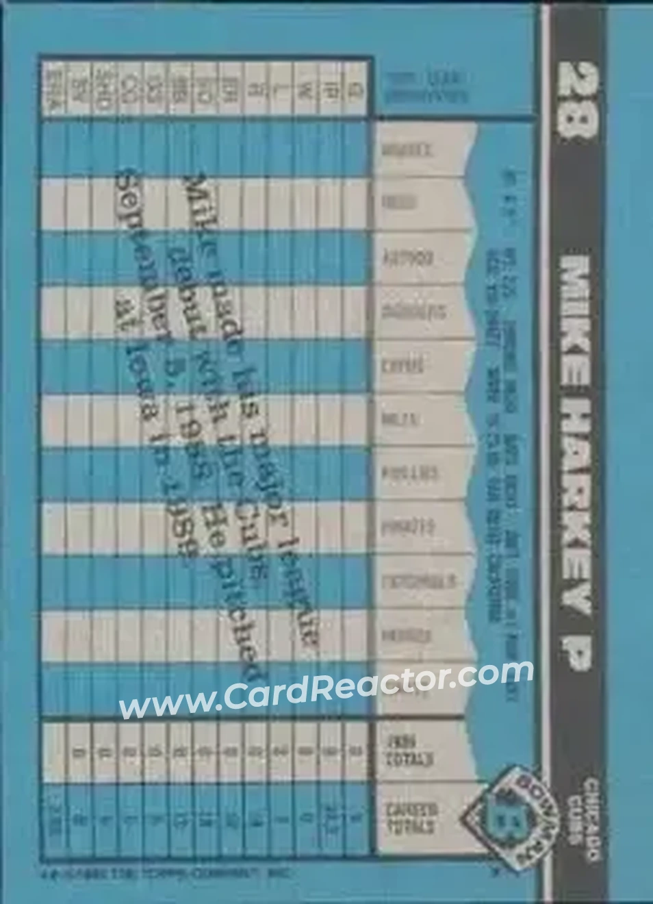 1990 Bowman #28 - Mike Harkey - Chicago Cubs - Back