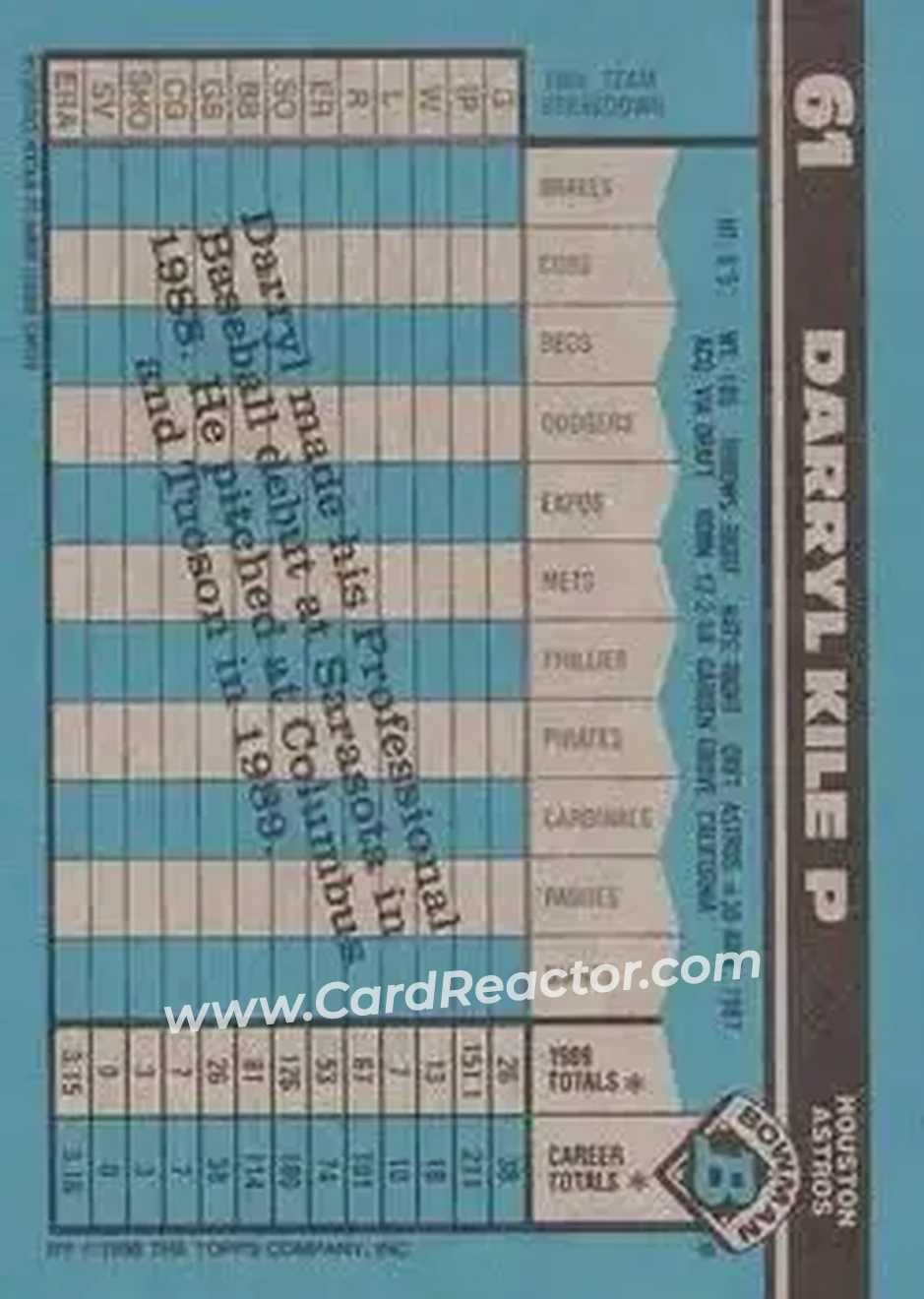 1990 Bowman #61 - Darryl Kile - Houston Astros - Back
