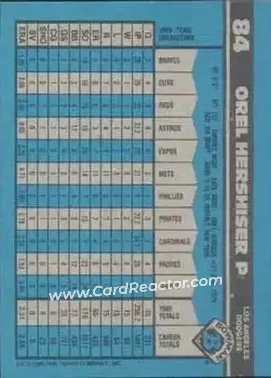 1990 Bowman #84 - Orel Hershiser - Los Angeles Dodgers - Back