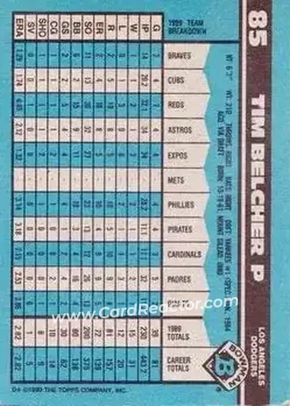 1990 Bowman #85 - Tim Belcher - Los Angeles Dodgers - Back