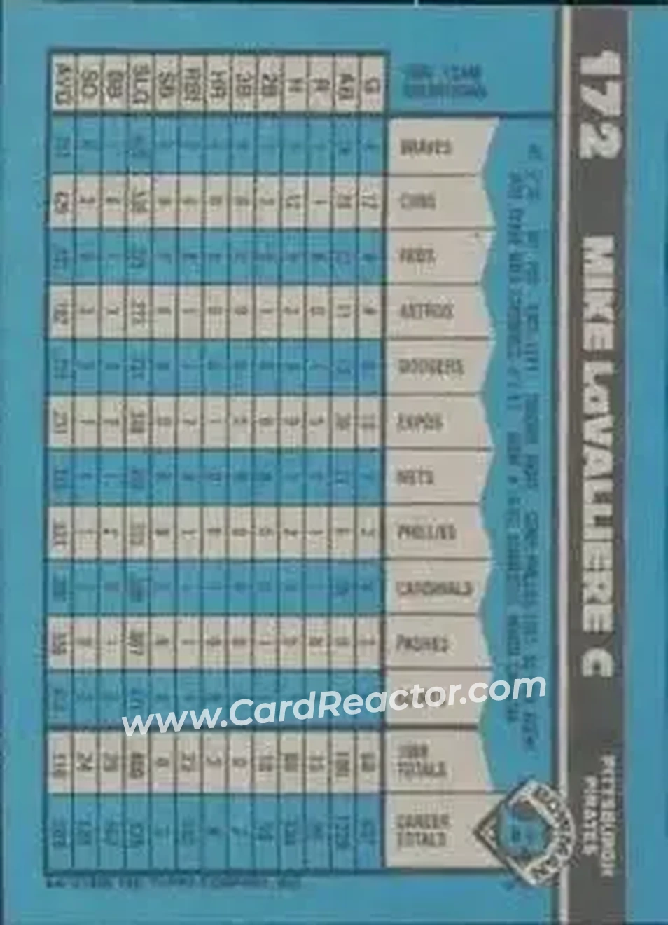 1990 Bowman #172 - Mike LaValliere - Pittsburgh Pirates - Back