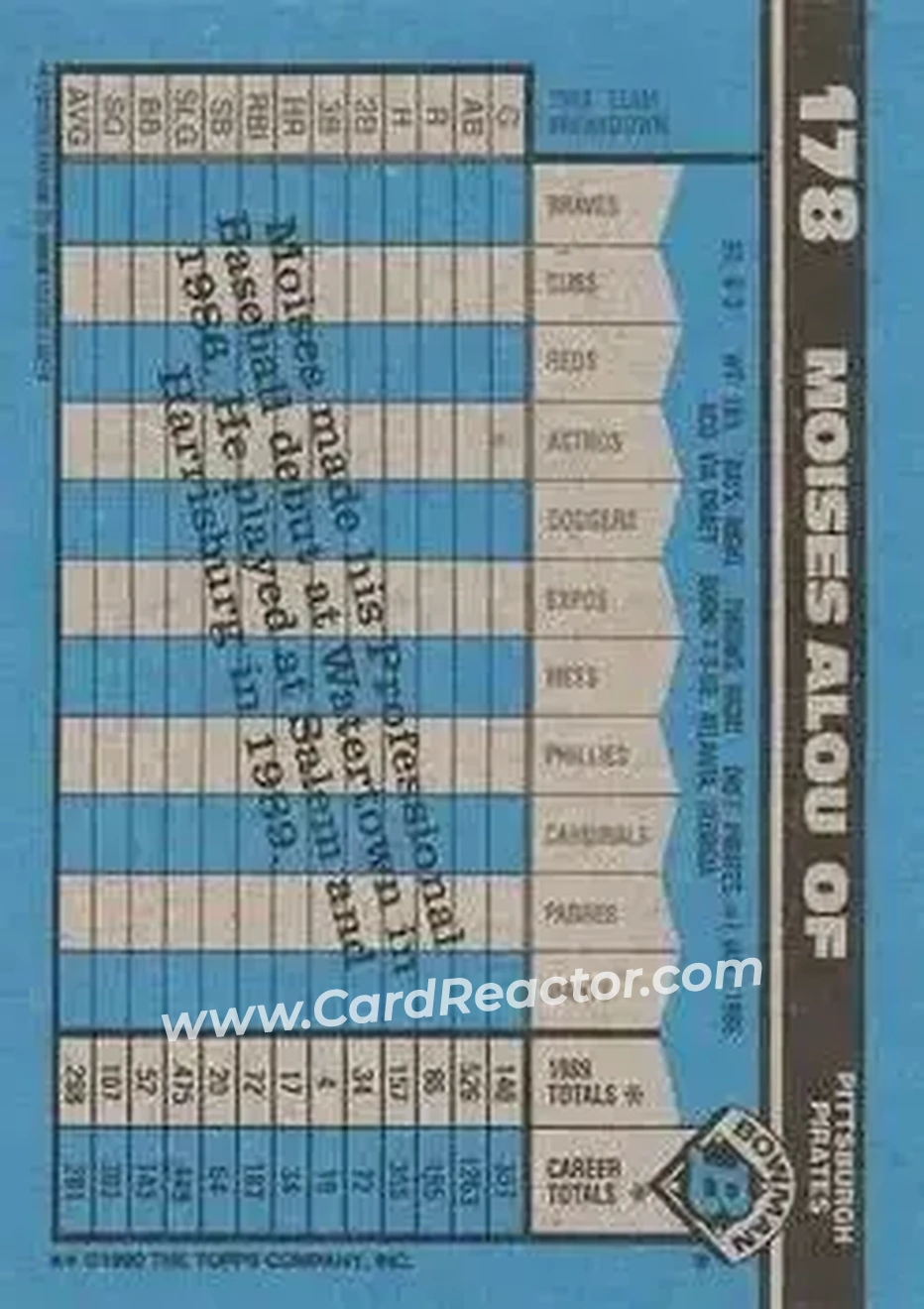 1990 Bowman #178 - Moises Alou - Pittsburgh Pirates - Back