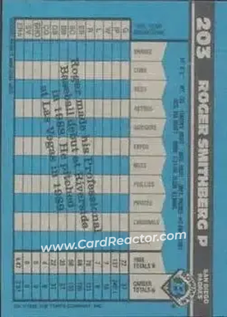 1990 Bowman #203 - Roger Smithberg - San Diego Padres - Back