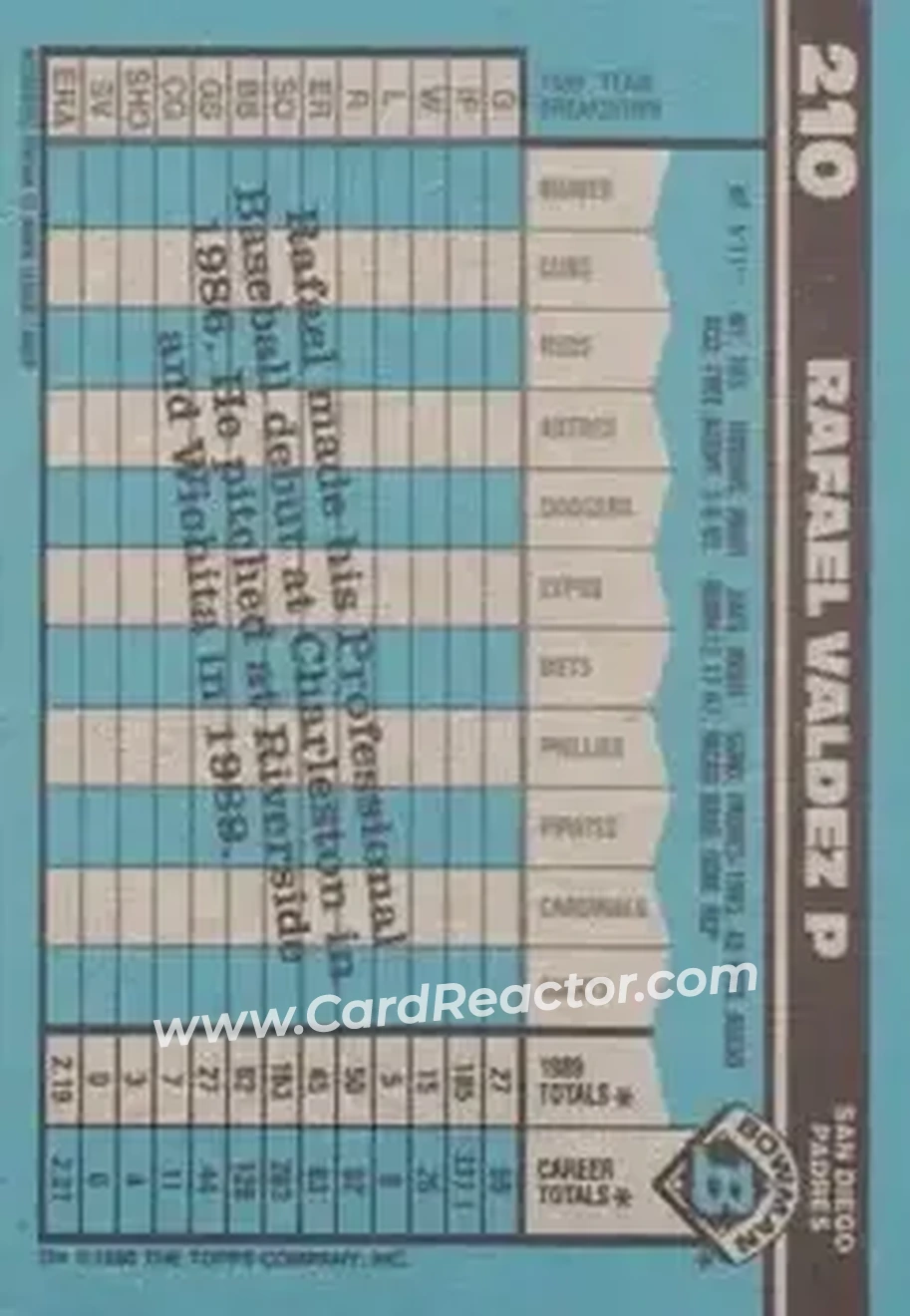 1990 Bowman #210 - Rafael Valdez - San Diego Padres - Back