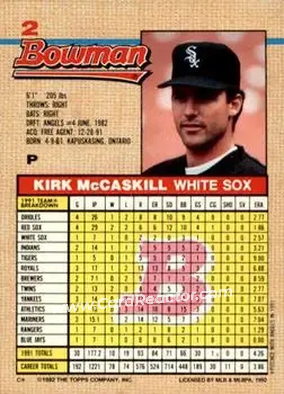 1992 Bowman #2 - Kirk McCaskill - Chicago White Sox - Back