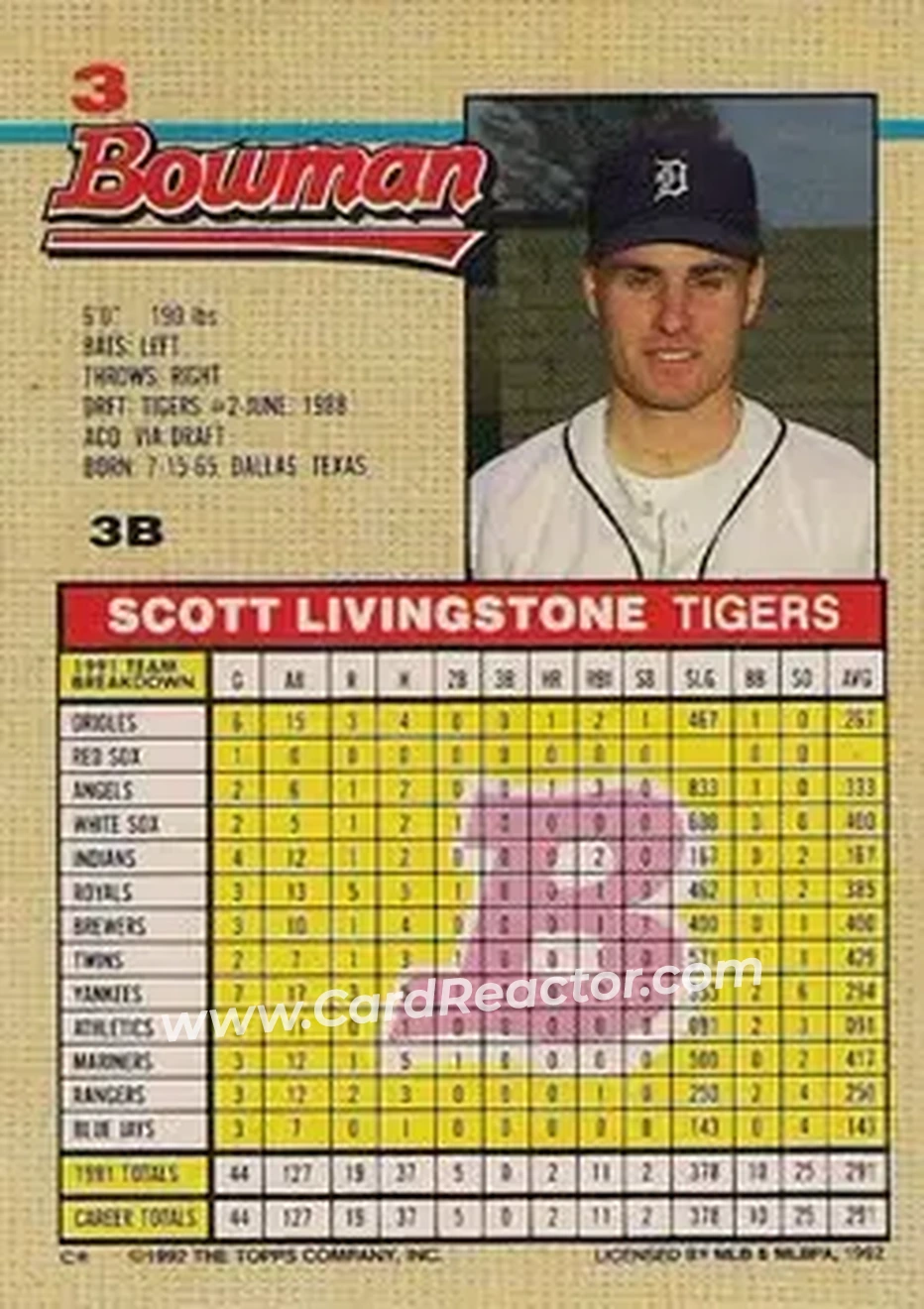 1992 Bowman #3 - Scott Livingstone - Detroit Tigers - Back