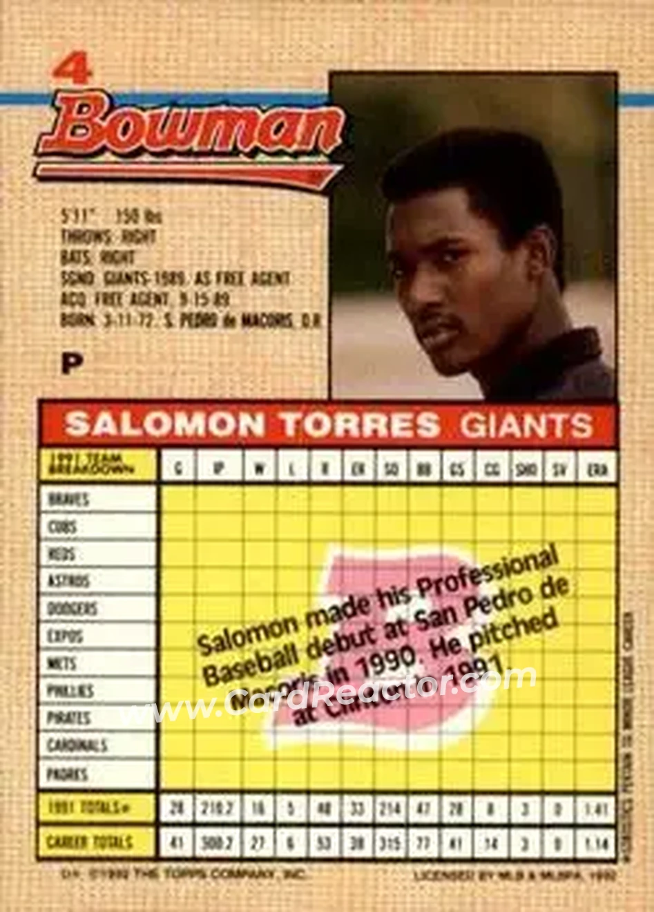 1992 Bowman #4 - Salomon Torres - San Francisco Giants - Back