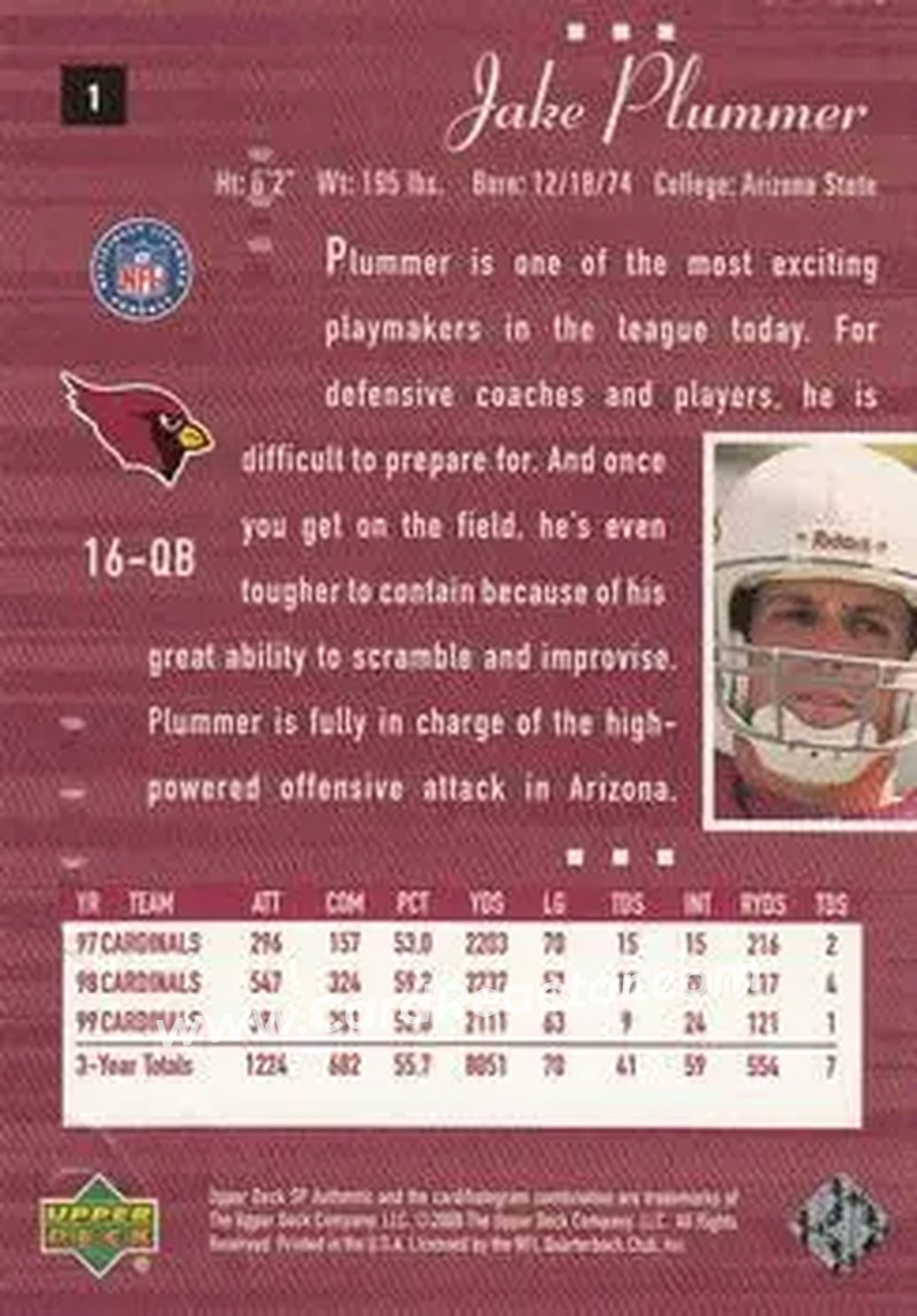2000 SP Authentic #1 - Jake Plummer - Arizona Cardinals - Back 2000 SP Authentic #1 - Jake Plummer - Arizona Cardinals - Back