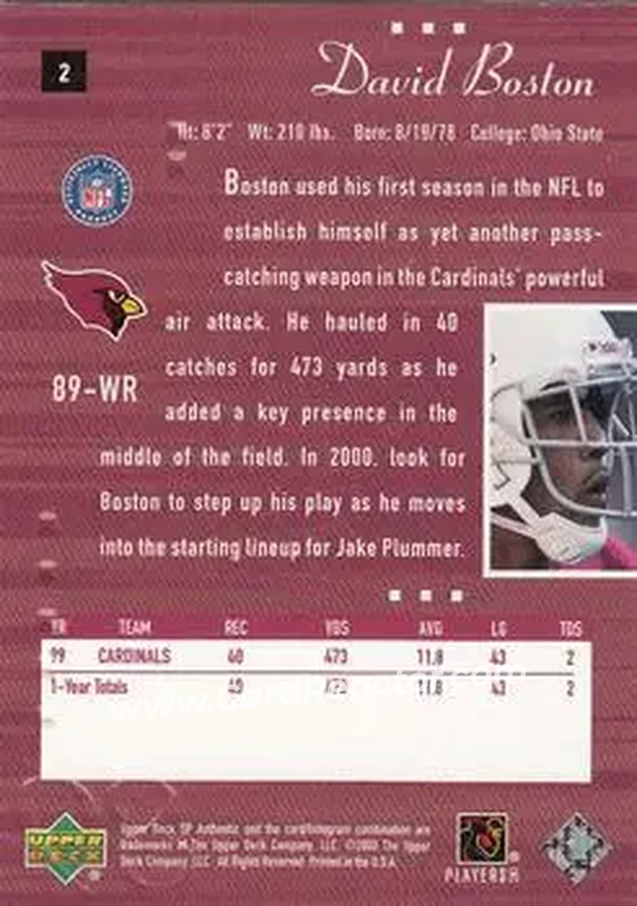 2000 SP Authentic #2 - David Boston - Arizona Cardinals - Back 2000 SP Authentic #2 - David Boston - Arizona Cardinals - Back