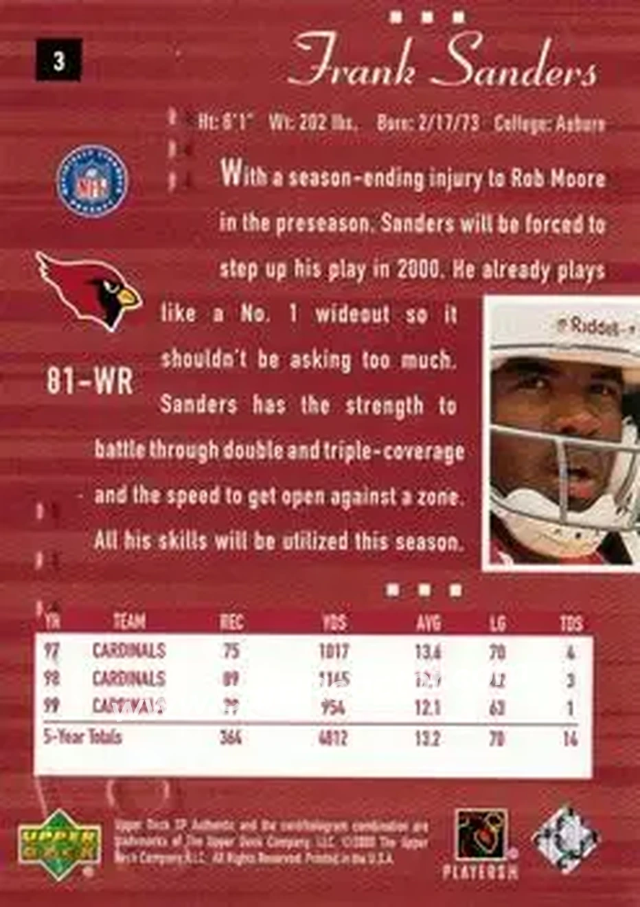 2000 SP Authentic #3 - Frank Sanders - Arizona Cardinals - Back 2000 SP Authentic #3 - Frank Sanders - Arizona Cardinals - Back
