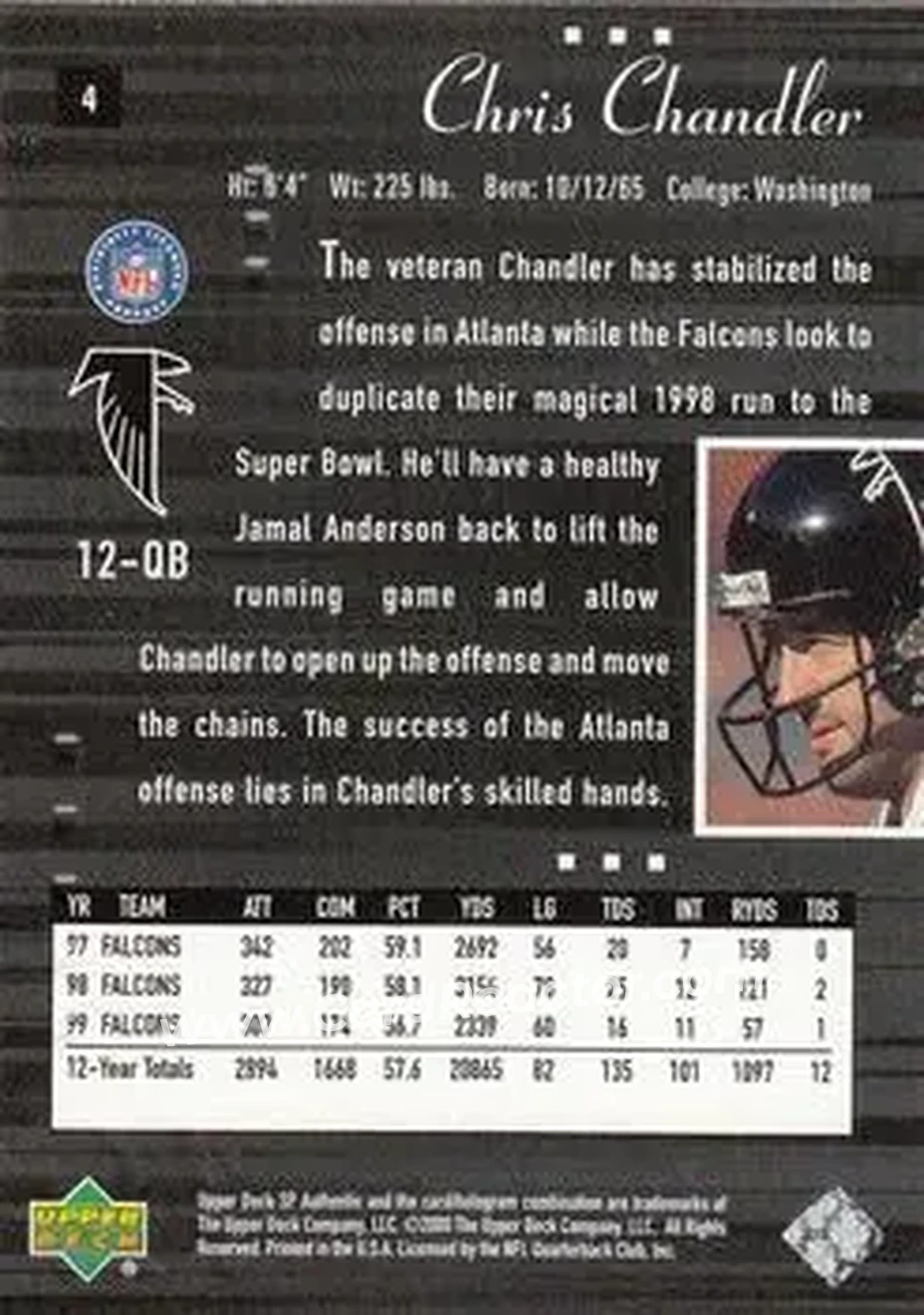 2000 SP Authentic #4 - Chris Chandler - Atlanta Falcons - Back 2000 SP Authentic #4 - Chris Chandler - Atlanta Falcons - Back