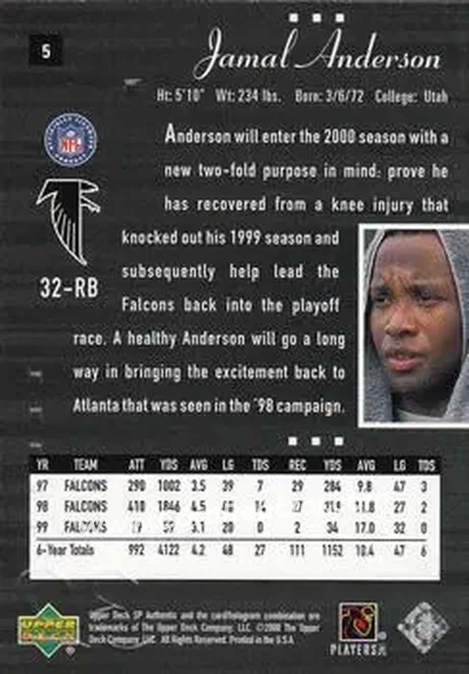 2000 SP Authentic #5 - Jamal Anderson - Atlanta Falcons - Back 2000 SP Authentic #5 - Jamal Anderson - Atlanta Falcons - Back