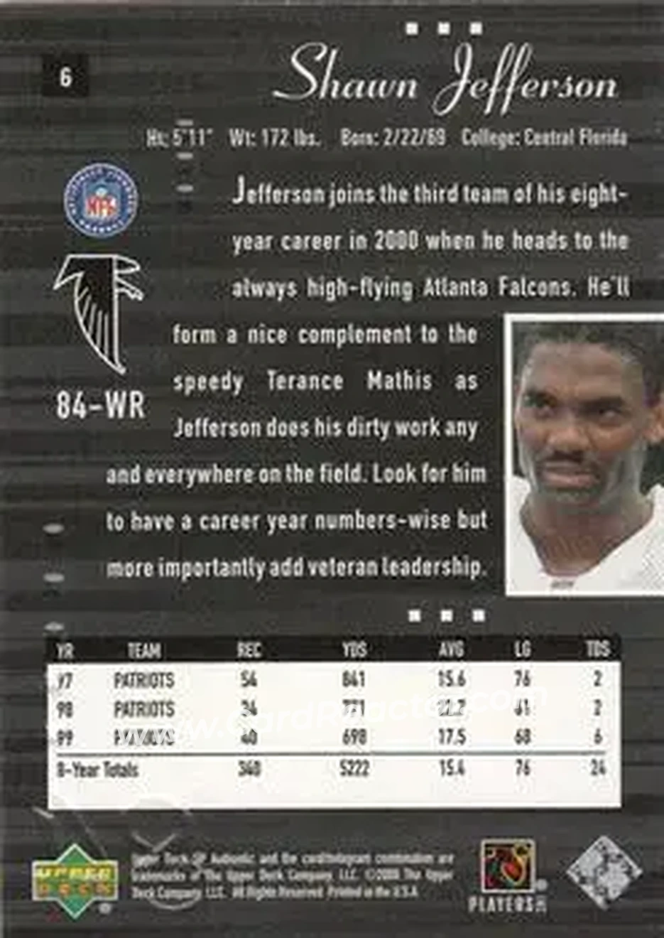 2000 SP Authentic #6 - Shawn Jefferson - Atlanta Falcons - Back 2000 SP Authentic #6 - Shawn Jefferson - Atlanta Falcons - Back