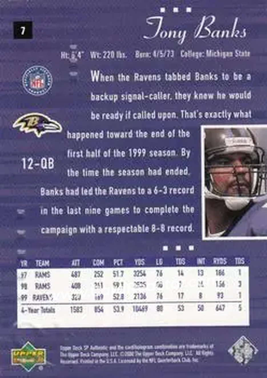 2000 SP Authentic #7 - Tony Banks - Baltimore Ravens - Back 2000 SP Authentic #7 - Tony Banks - Baltimore Ravens - Back