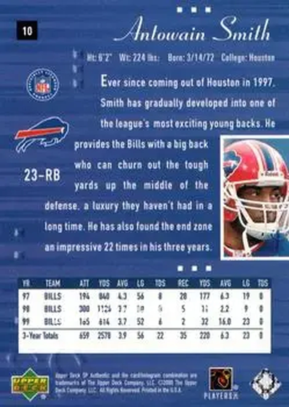 2000 SP Authentic #10 - Antowain Smith - Buffalo Bills - Back 2000 SP Authentic #10 - Antowain Smith - Buffalo Bills - Back