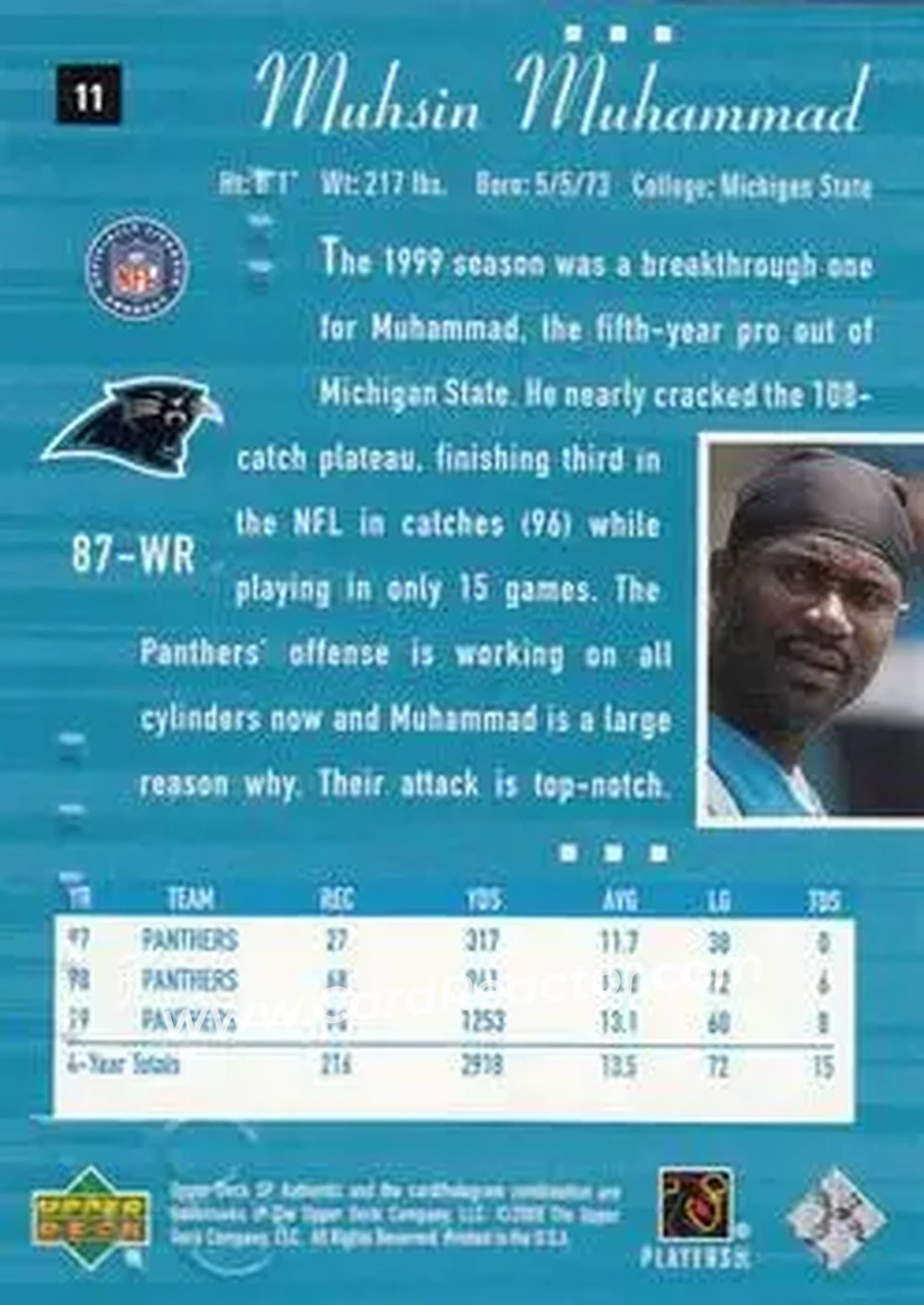 2000 SP Authentic #11 - Muhsin Muhammad - Carolina Panthers - Back 2000 SP Authentic #11 - Muhsin Muhammad - Carolina Panthers - Back
