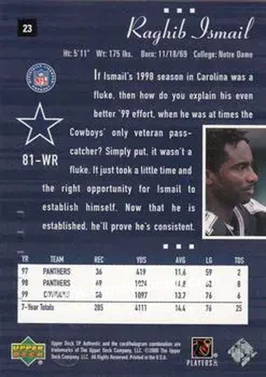 2000 SP Authentic #23 - Rocket Ismail - Dallas Cowboys - Back 2000 SP Authentic #23 - Rocket Ismail - Dallas Cowboys - Back