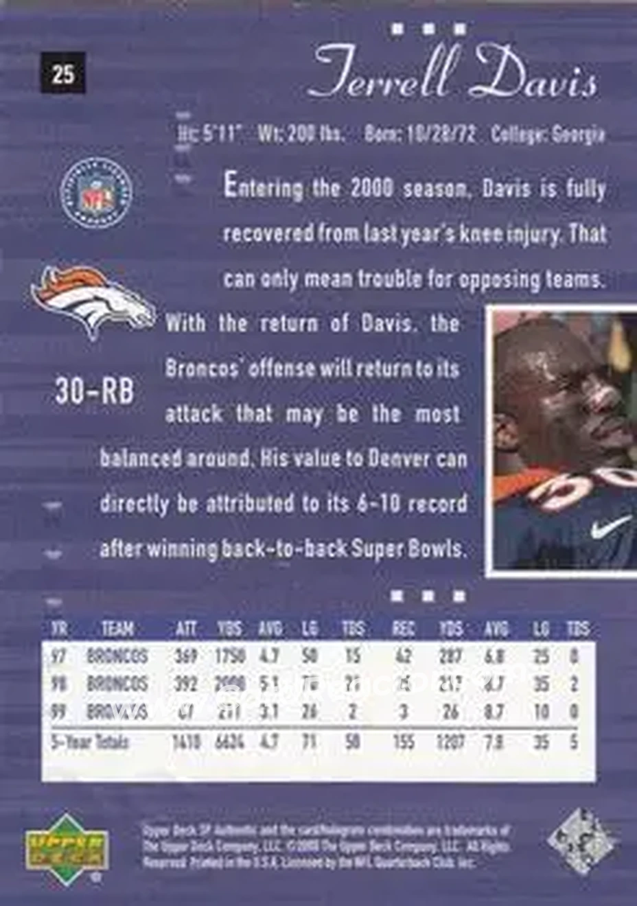 2000 SP Authentic #25 - Terrell Davis - Denver Broncos - Back