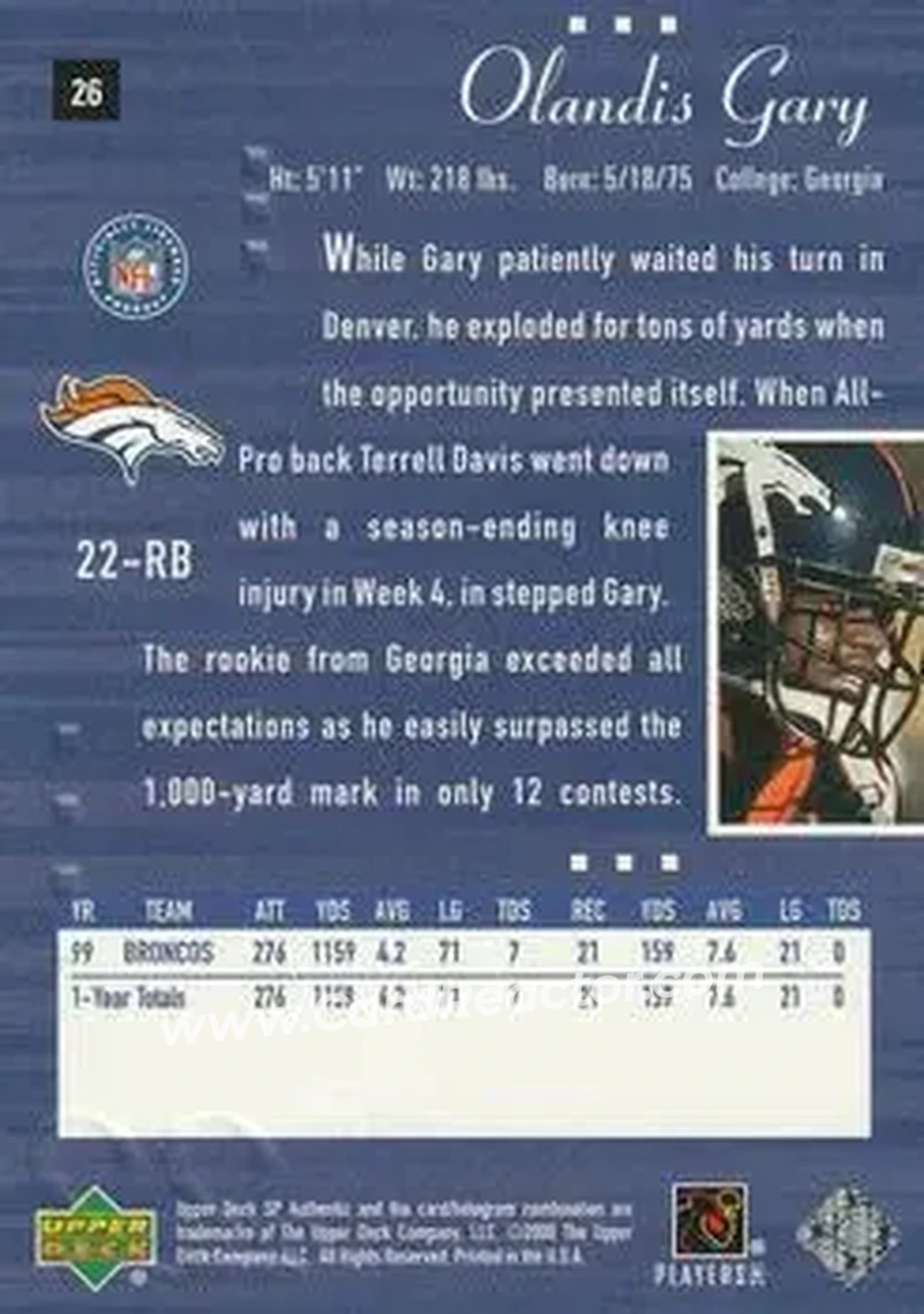 2000 SP Authentic #26 - Olandis Gary - Denver Broncos - Back