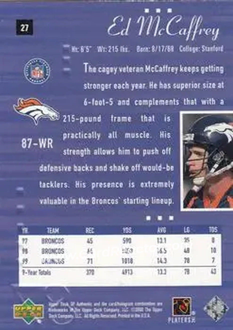 2000 SP Authentic #27 - Ed McCaffrey - Denver Broncos - Back