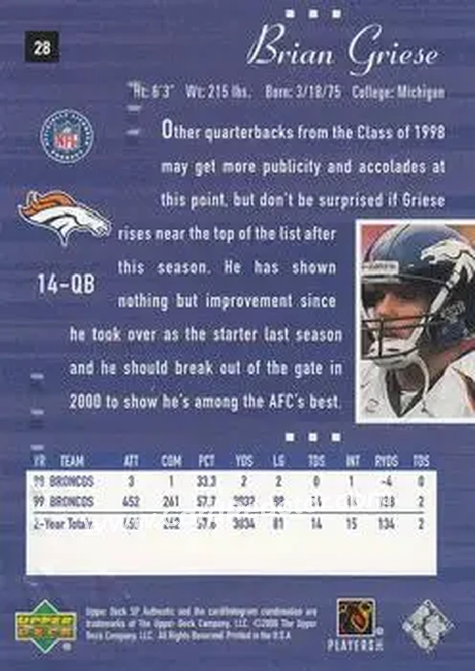 2000 SP Authentic #28 - Brian Griese - Denver Broncos - Back