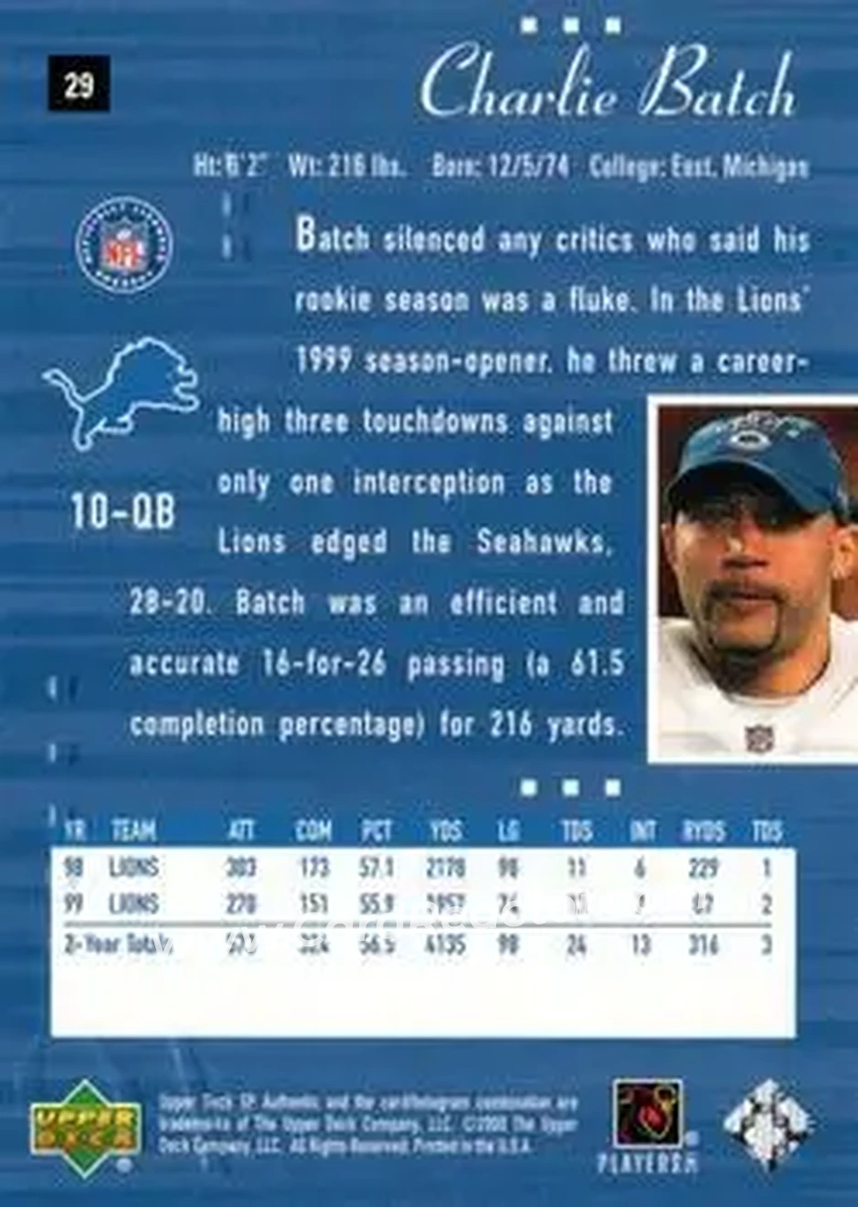 2000 SP Authentic #29 - Charlie Batch - Detroit Lions - Back
