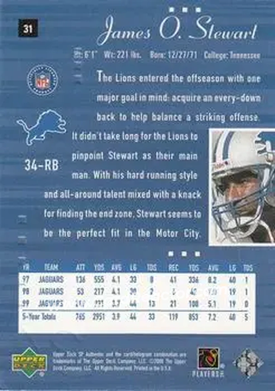 2000 SP Authentic #31 - James Stewart - Detroit Lions - Back 2000 SP Authentic #31 - James Stewart - Detroit Lions - Back