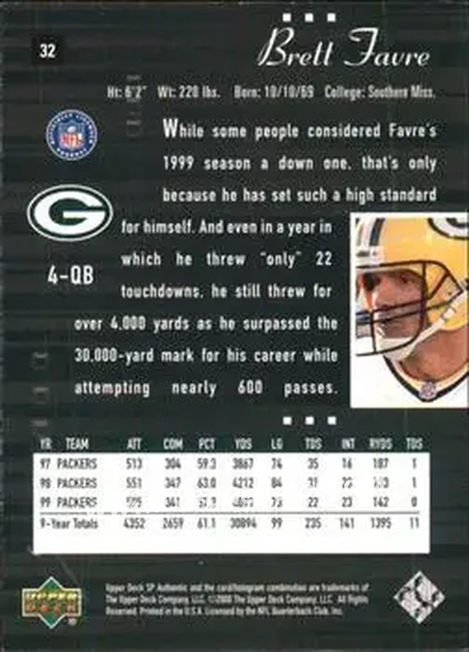 2000 SP Authentic #32 - Brett Favre - Green Bay Packers - Back 2000 SP Authentic #32 - Brett Favre - Green Bay Packers - Back