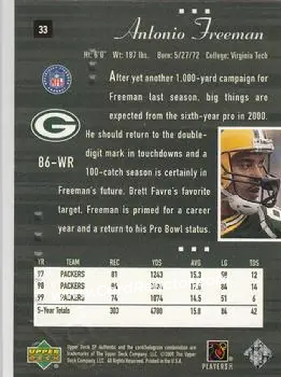 2000 SP Authentic #33 - Antonio Freeman - Green Bay Packers - Back