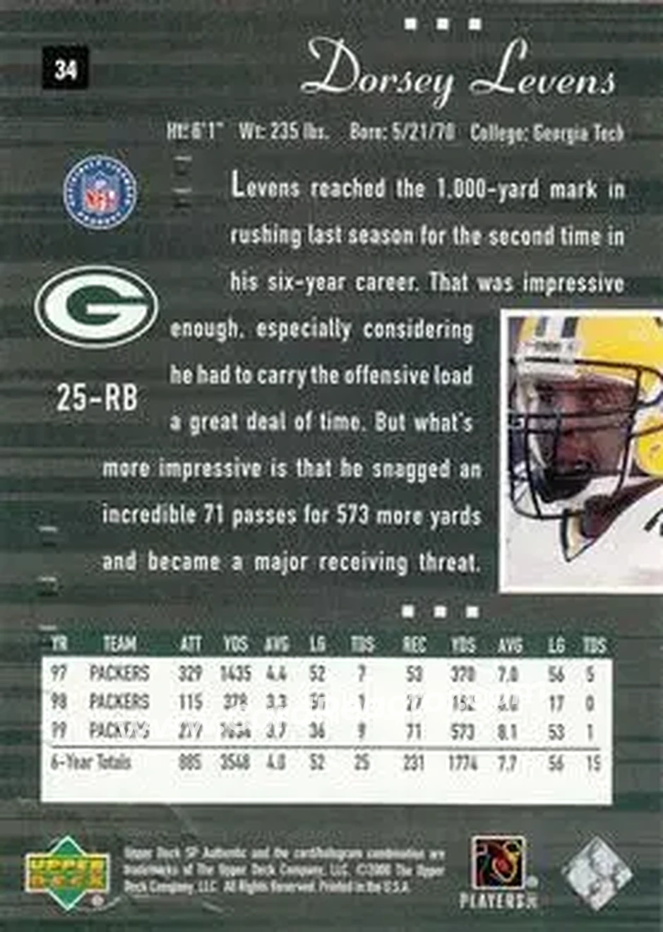 2000 SP Authentic #34 - Dorsey Levens - Green Bay Packers - Back